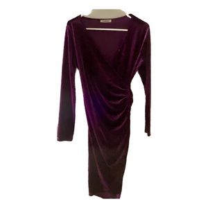 Purple Velvet Long Sleeve Bodycon Wrap V Neck Wedding Guest Dress Sz Small